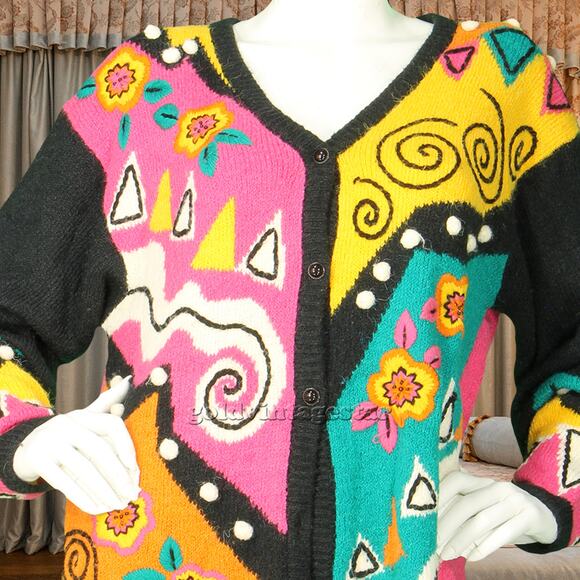 Vintage Sideeffects Loud Rainbow Abstract Art Knit Cardigan Sweater Jumper - Picture 6 of 7